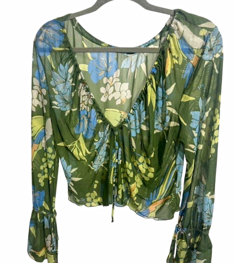 Free People $78 Of Paradise Top Tropical Floral Sheer Cropped V-Neck Blouse M